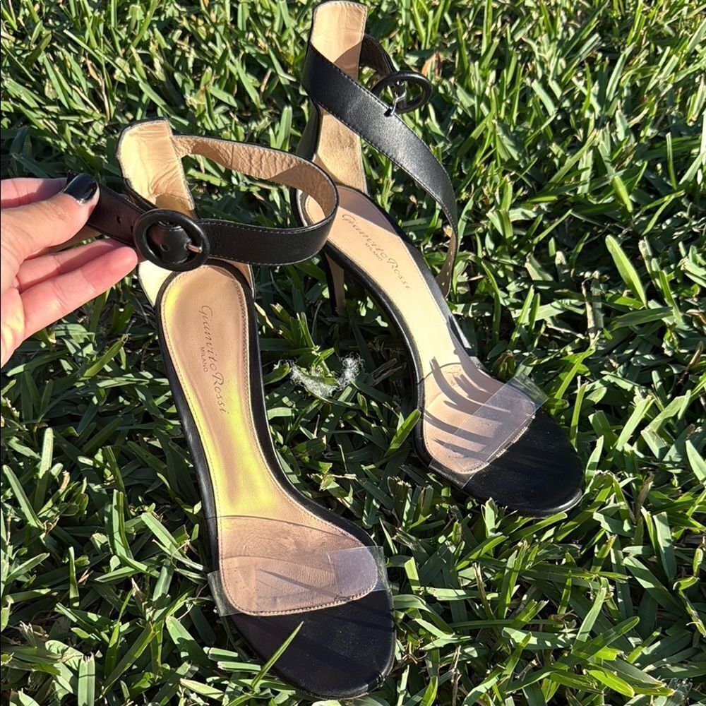 Giovito Rossi Milano Elegant Black Strappy Heels Clear Front Strap Open Toe 38.5